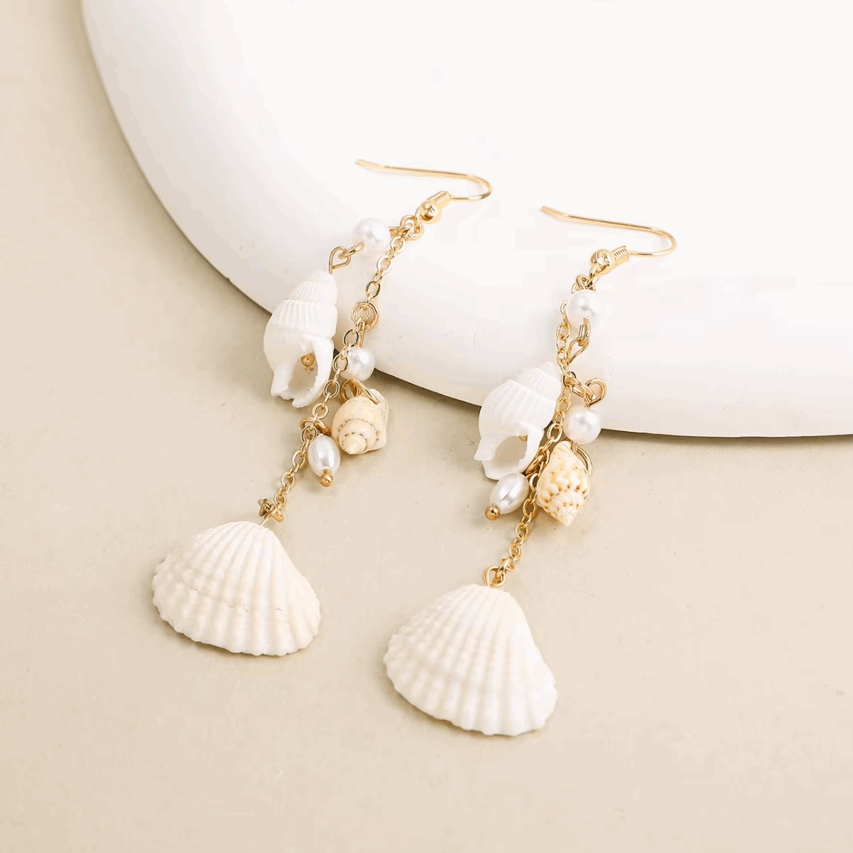 Long Pearl Sea Cowrie Shell Earrings