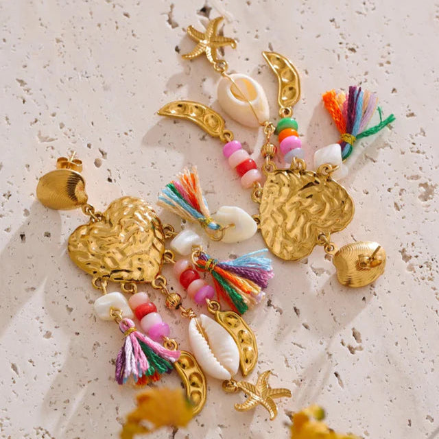 Seastar & Starfish Heart Tassel Earrings